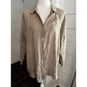 Meo Meli Shirt Womens XL Tan Linen Button Front Oversized Tunic Made In Italy